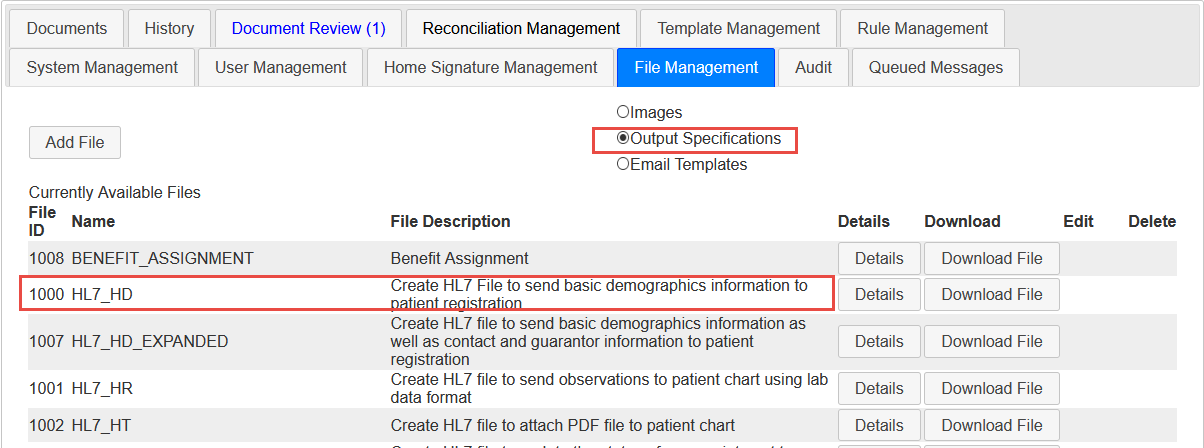 File Management Tab Output Specifications View